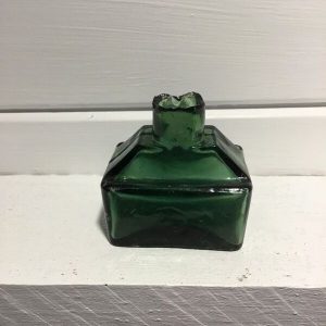 Collectable vintage green glass ink bottle available online at foundvintage.com.au
